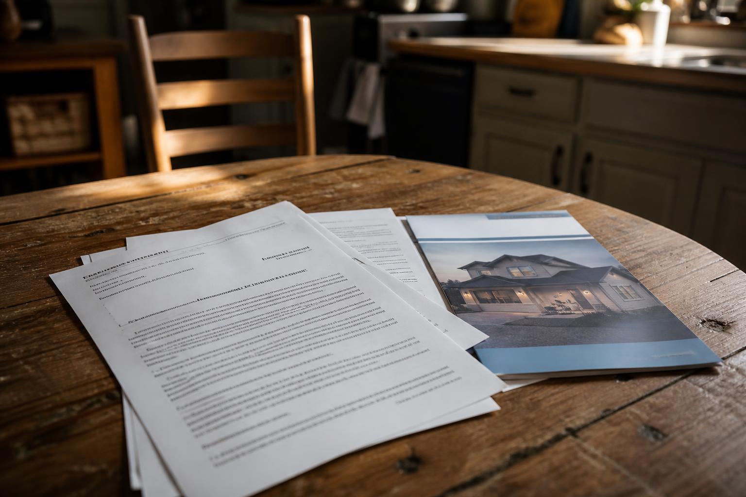Typed documents and a property photo brochure lying on a round wooden kitchen table