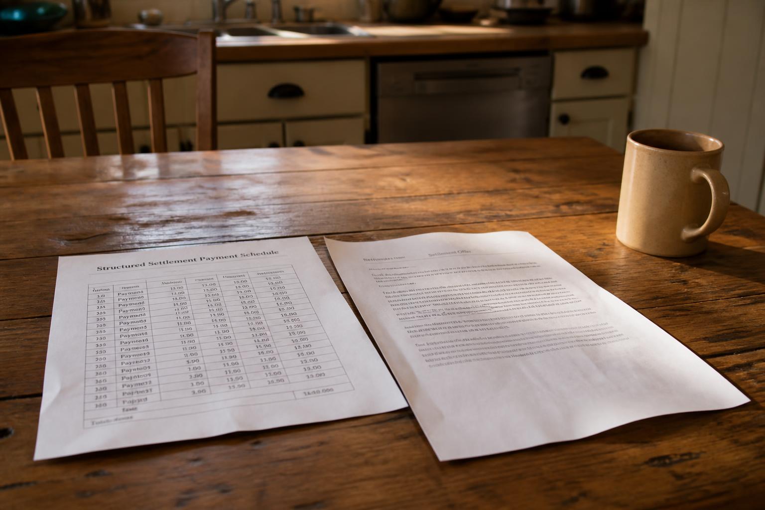 Two printed documents and a ceramic mug sit on a wooden kitchen table