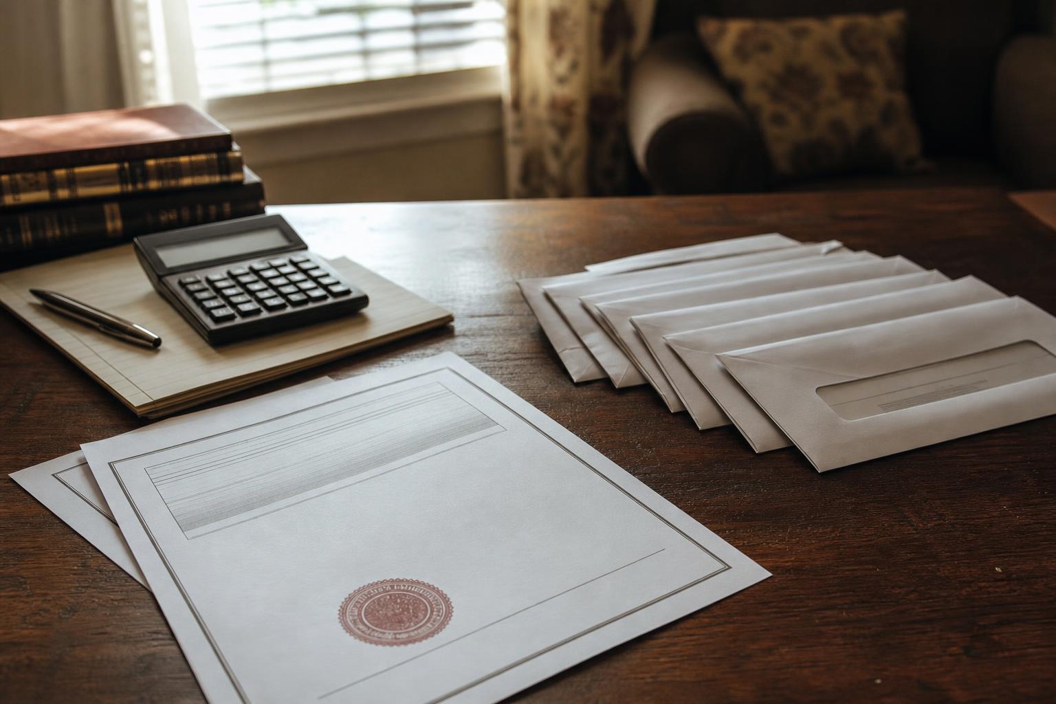 Envelopes, a calculator, papers, a pen, and books rest on a wooden table