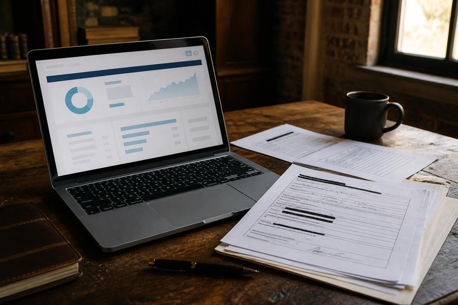 A laptop, printed forms, a pen, books, and mug sit on a wooden desk