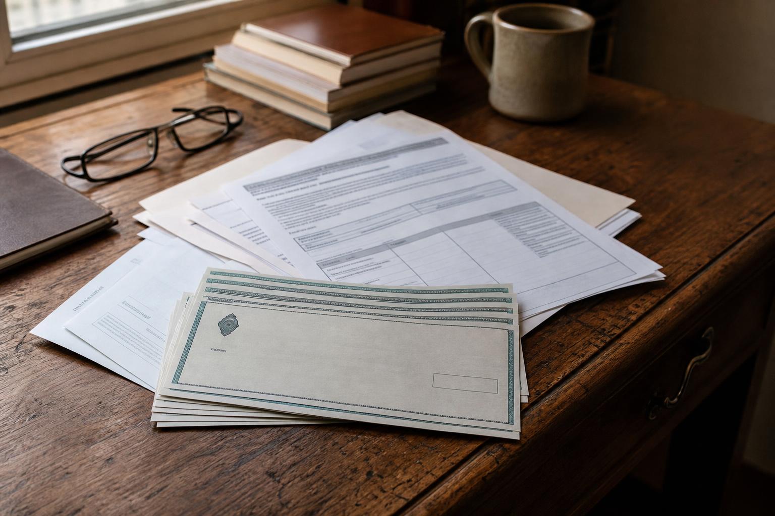 Printed forms, checks, glasses, books, and a mug sit on a wooden desk