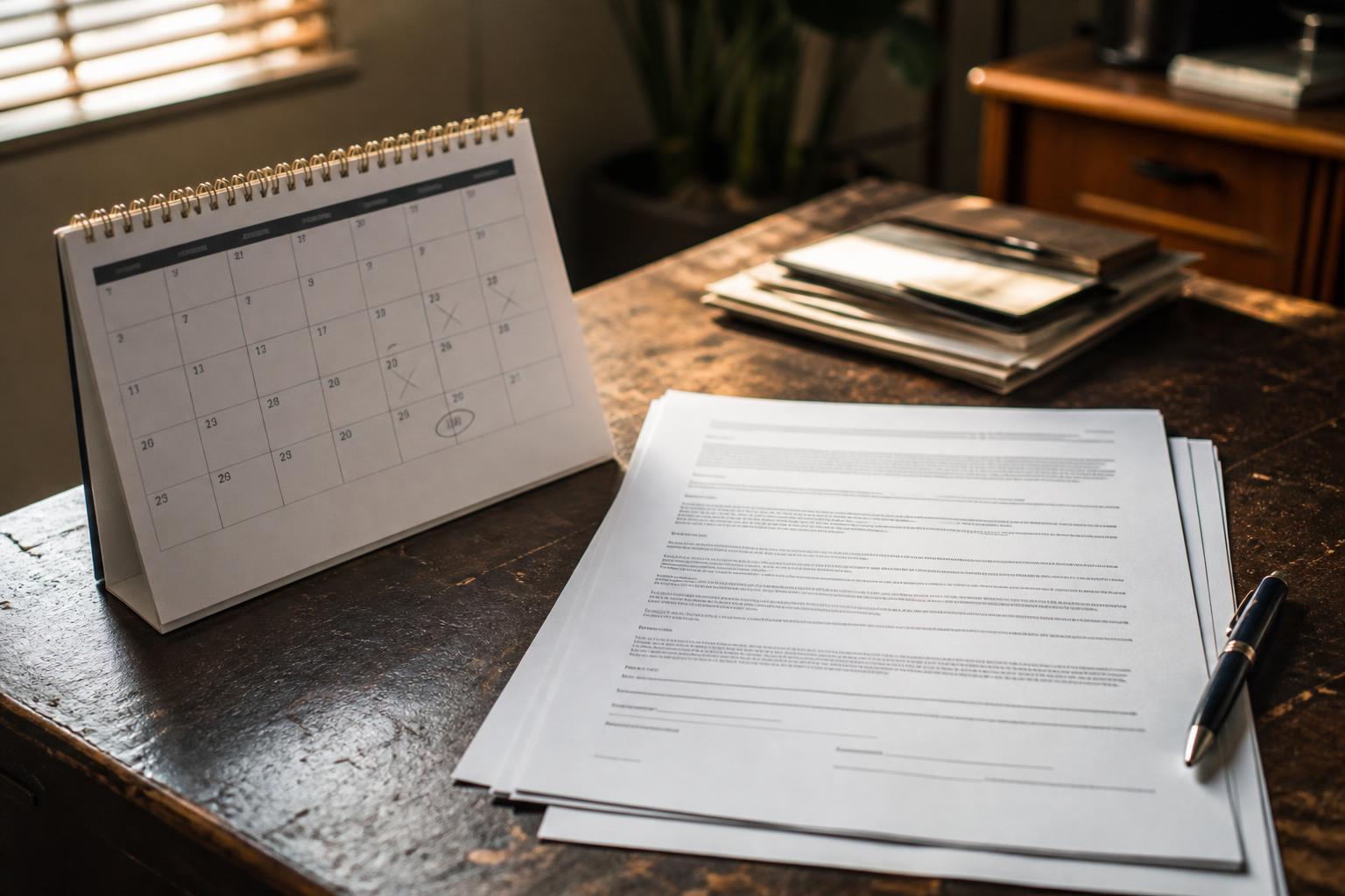 A desk calendar, documents, pen, and stacked papers sit on a wooden desk