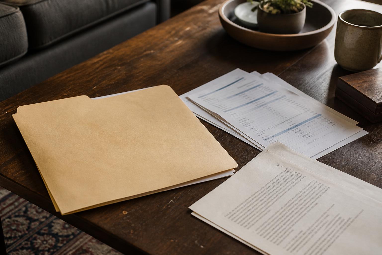 Folders, printed papers, a mug, and tray sit on a wooden coffee table