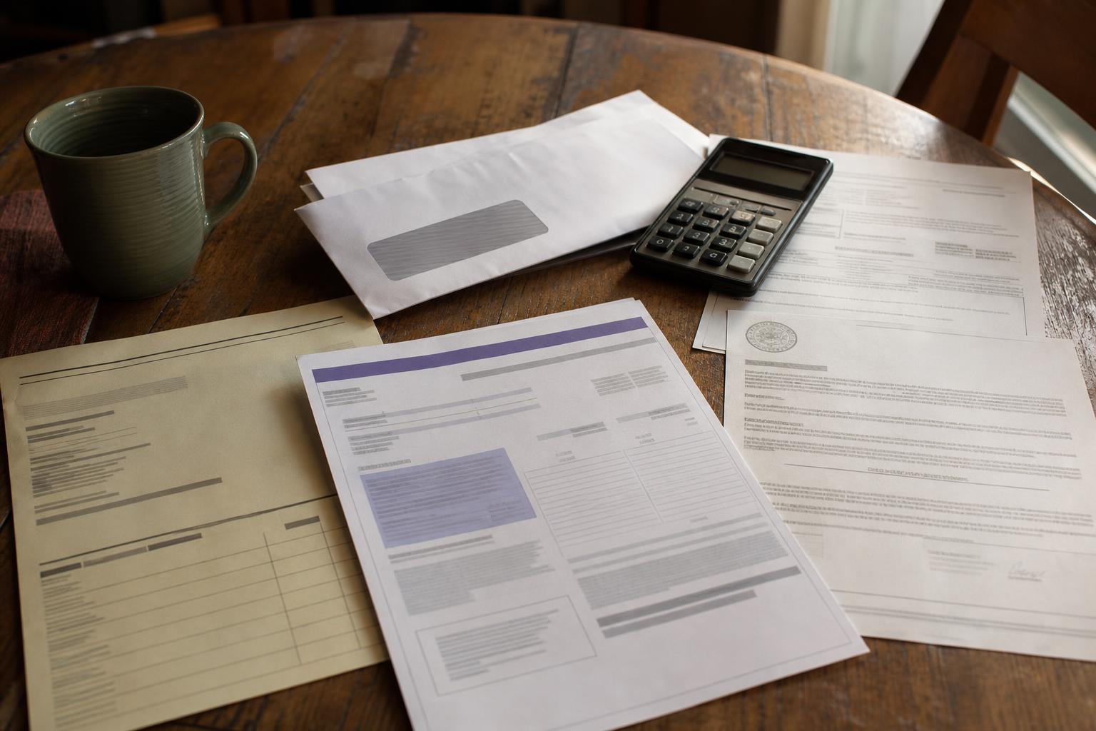 Printed documents, a window envelope, a calculator, and a ceramic mug on a round wooden table