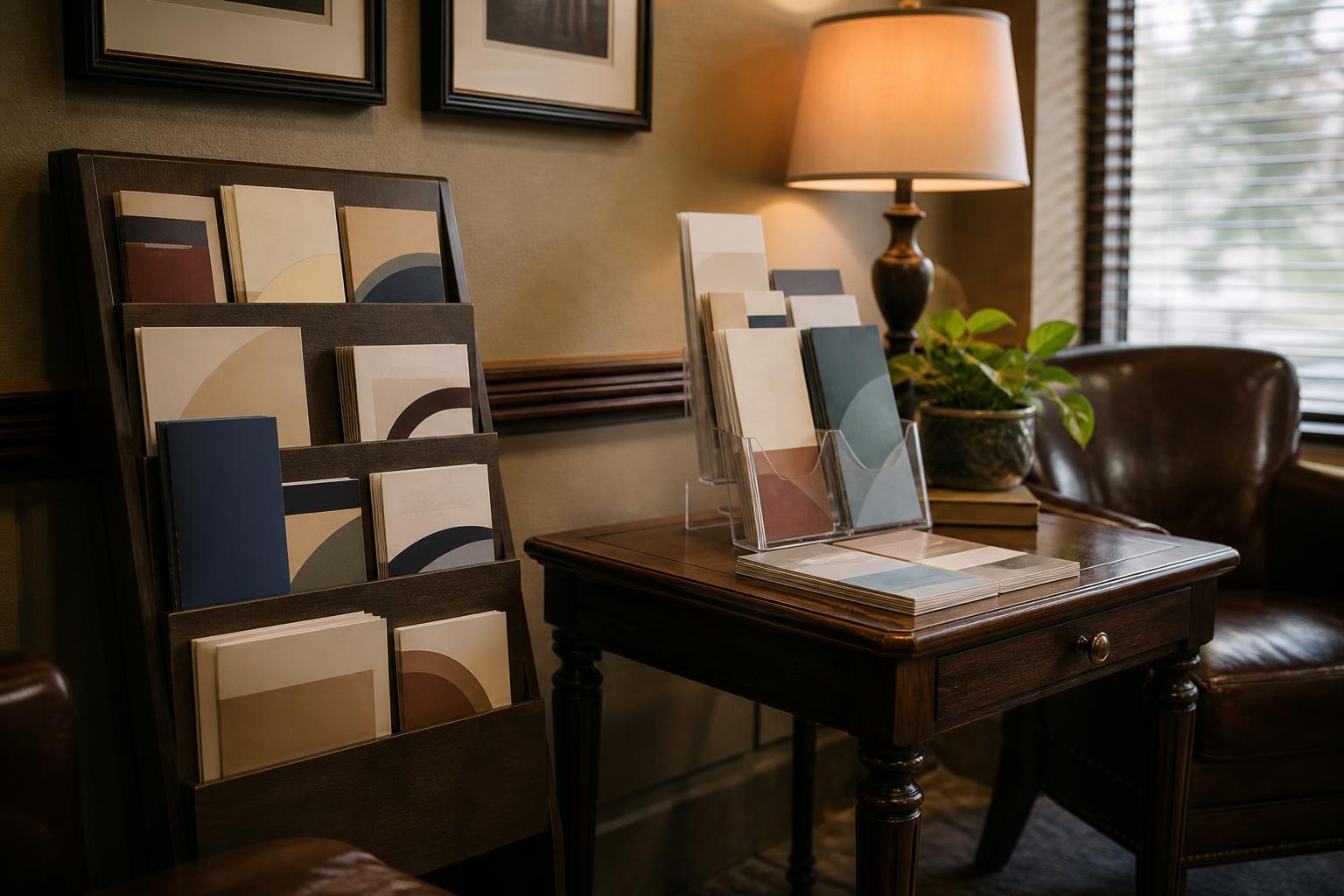 Brochure racks and a clear acrylic display holder on a wooden desk with a lamp, plant, and leather chair