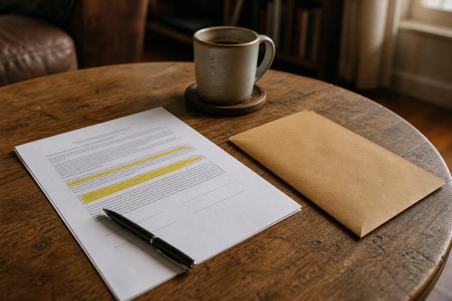 A highlighted document with a pen, a brown envelope, and a coffee mug on a round wooden table