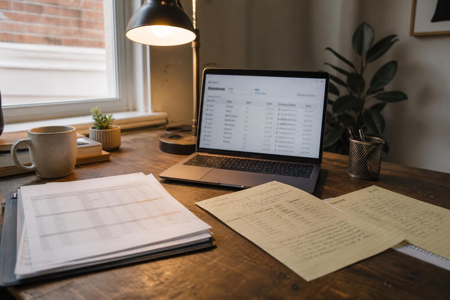 An open laptop displaying a spreadsheet, handwritten notes, a mug, a desk lamp, and a plant on a wooden desk