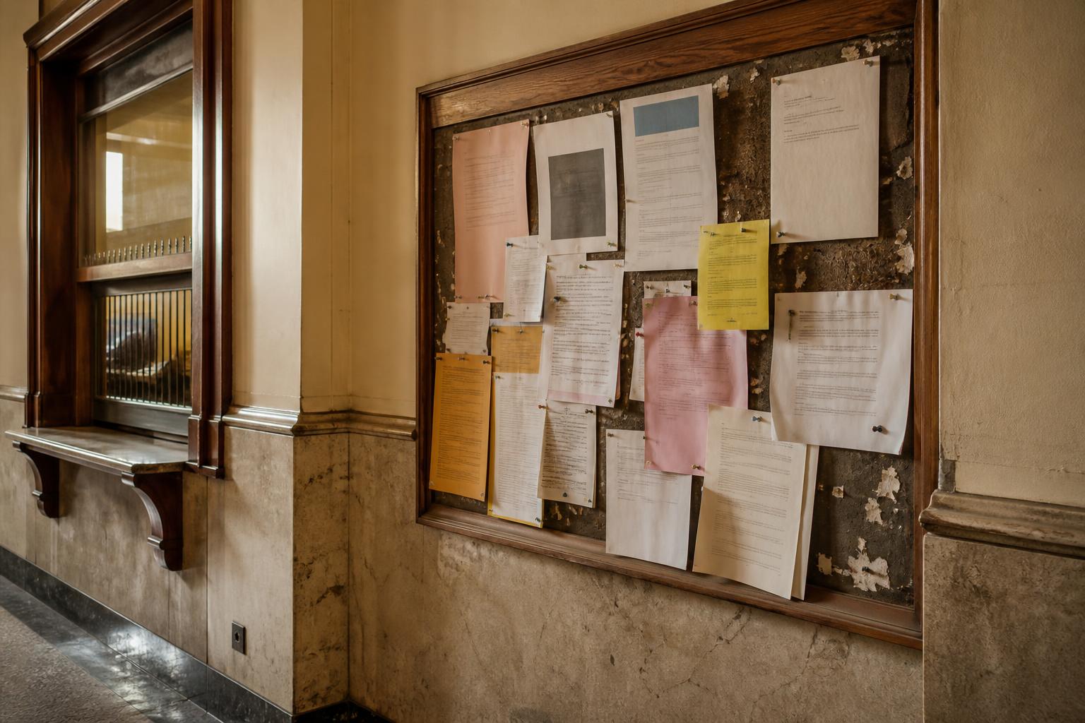 Colored paper notices pinned to a wood-framed cork bulletin board in a marble-walled hallway