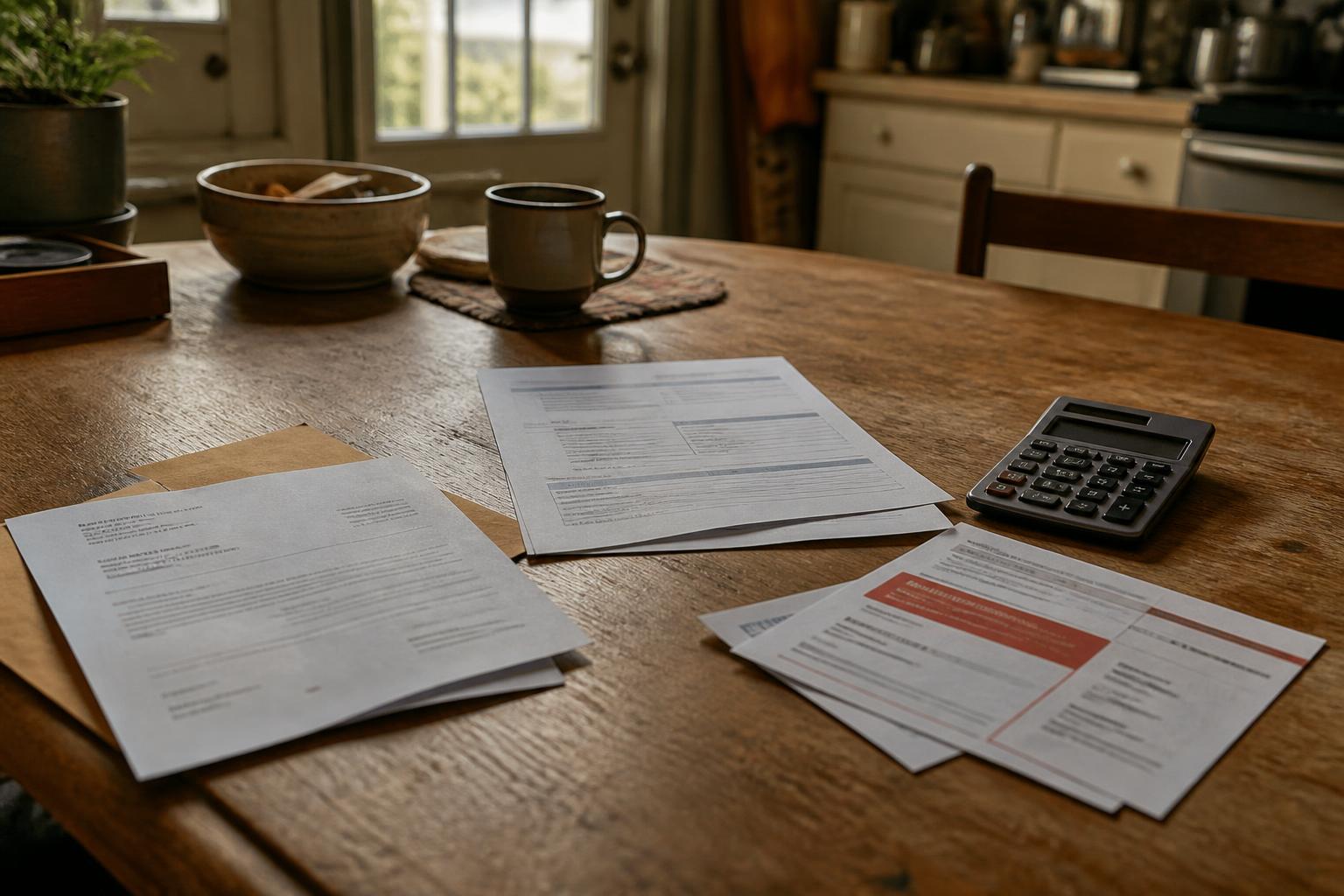Printed documents, a calculator, a coffee mug, and a wooden bowl on a kitchen table