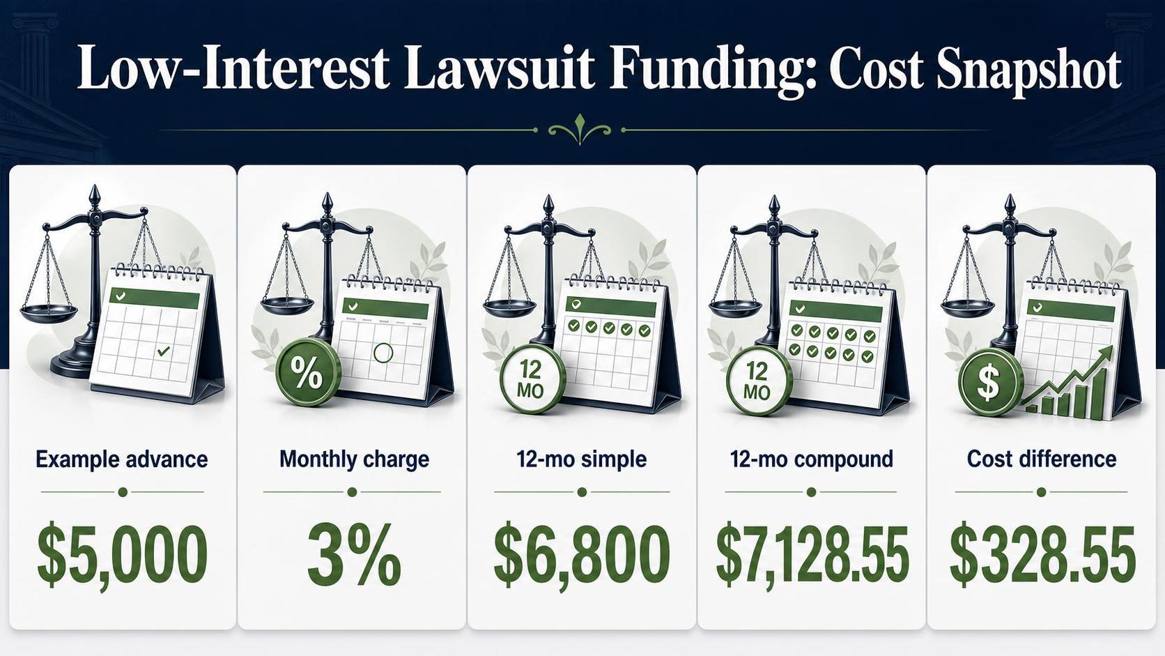 Infographic with five panels showing balance scales, calendars, percentage badge, and dollar figures on a dark background