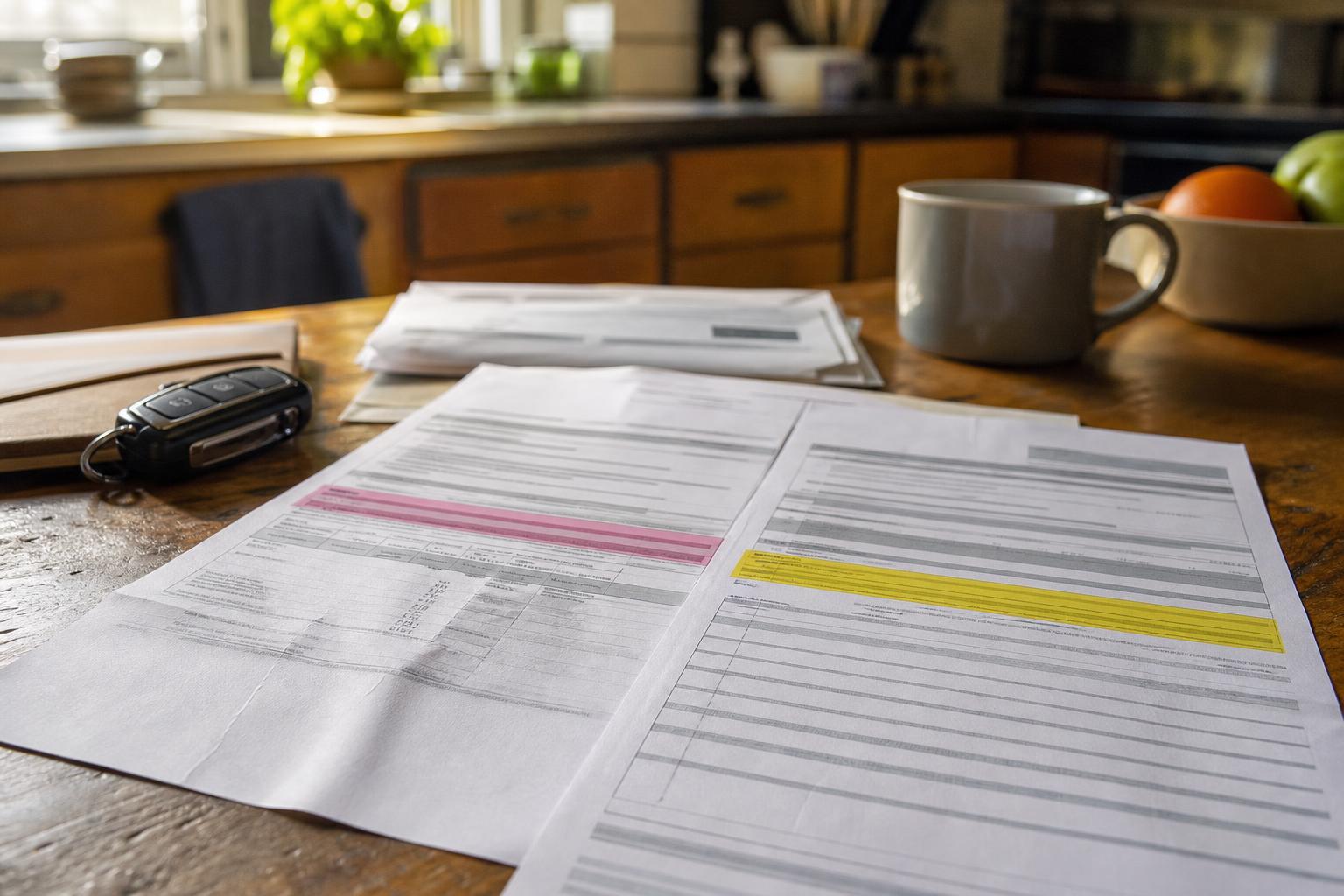 Printed forms, a car key, and a mug sit on a kitchen table