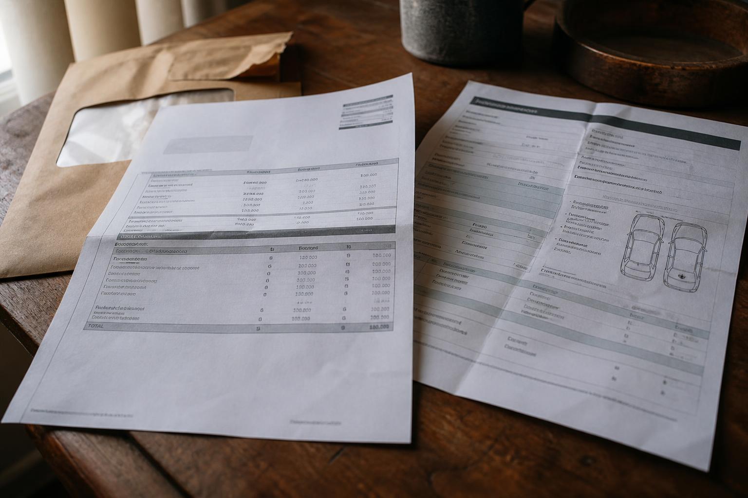 Two printed documents and a brown envelope lie on a wooden table
