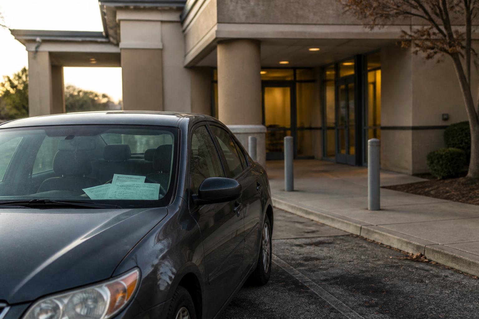 A dark car with papers on the dashboard is parked outside a building