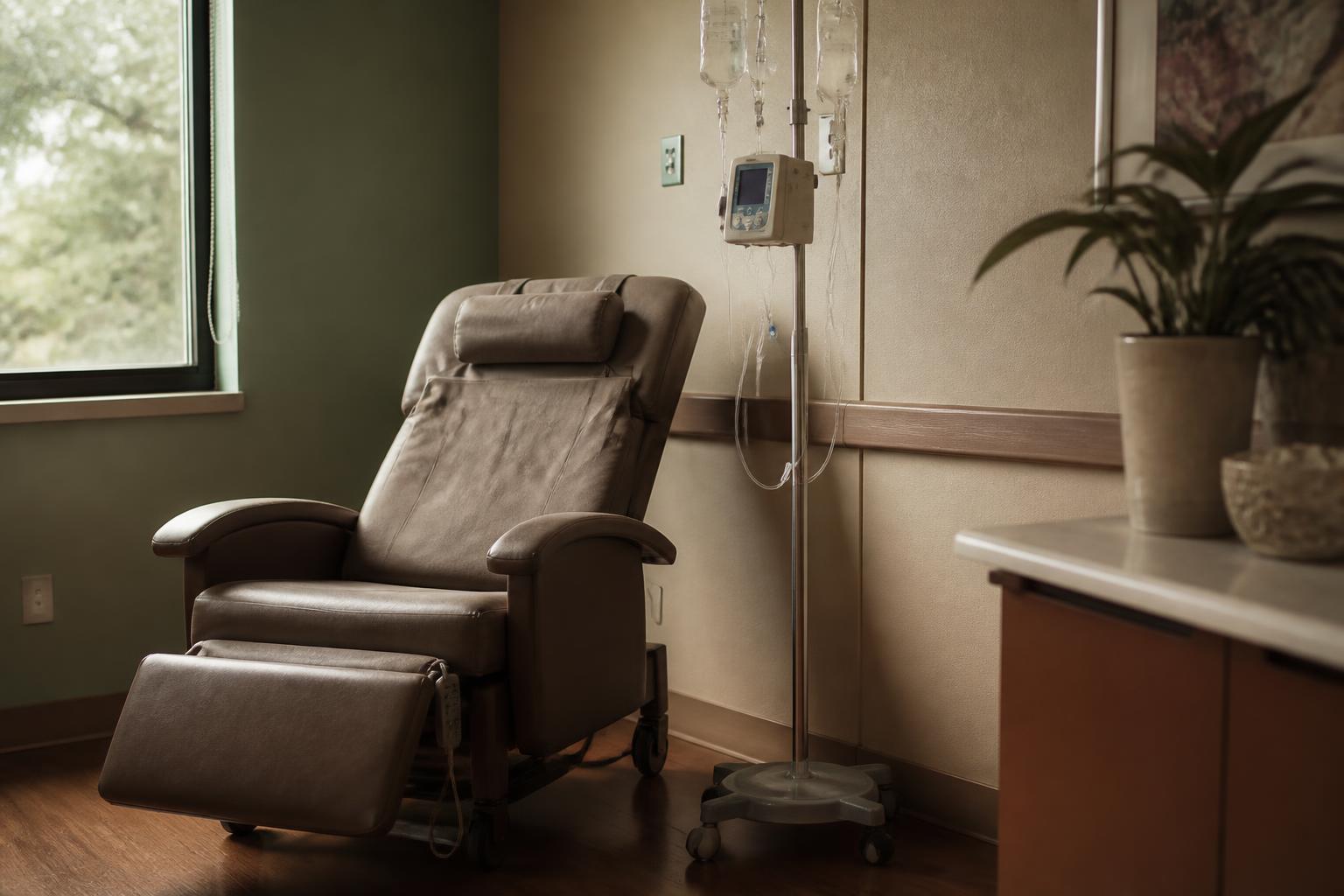 Reclining medical chair sits beside IV bags and equipment in a treatment room