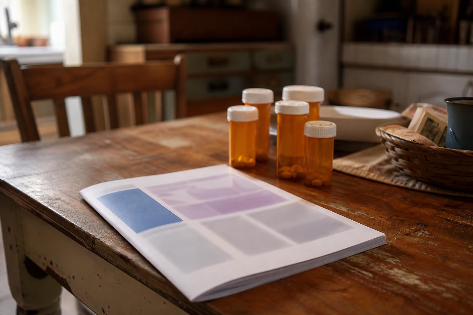 Prescription bottles and papers rest on a wooden table in a home interior