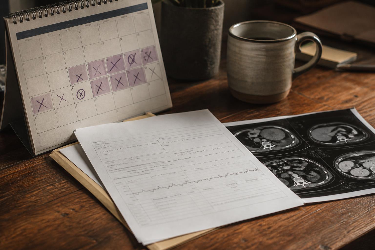 Calendar, medical forms, scan images, and mug sit on a wooden desk