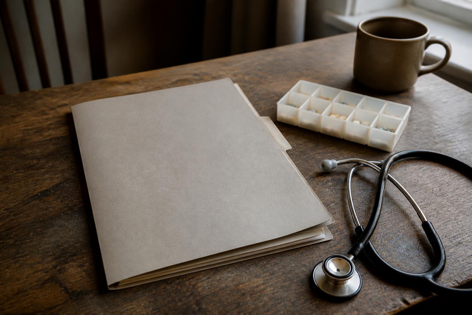 Folder, pill organizer, stethoscope, and mug lie on a wooden table