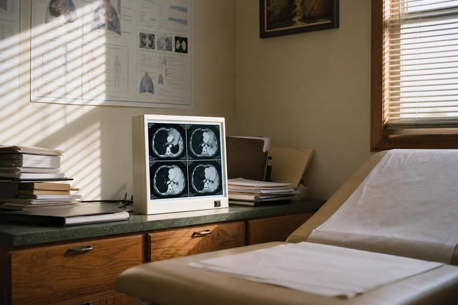 Exam room contains a lightbox with scans, papers, blinds, and an examination bed