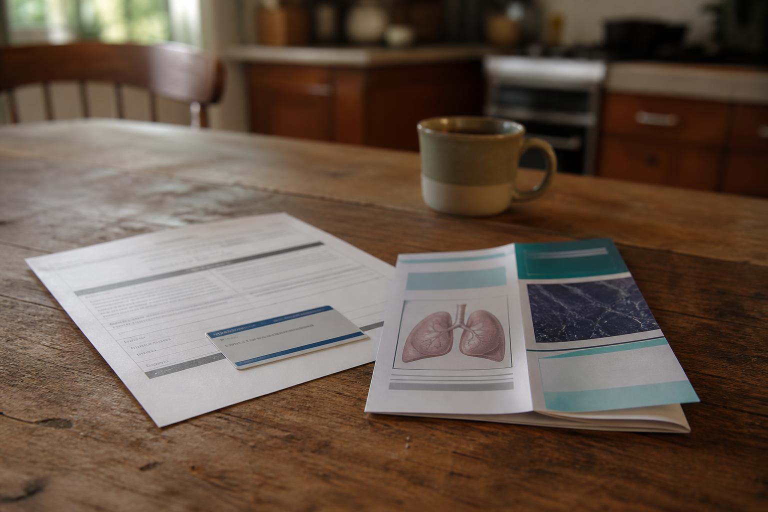 Medical papers, a pamphlet, and a mug sit on a wooden kitchen table