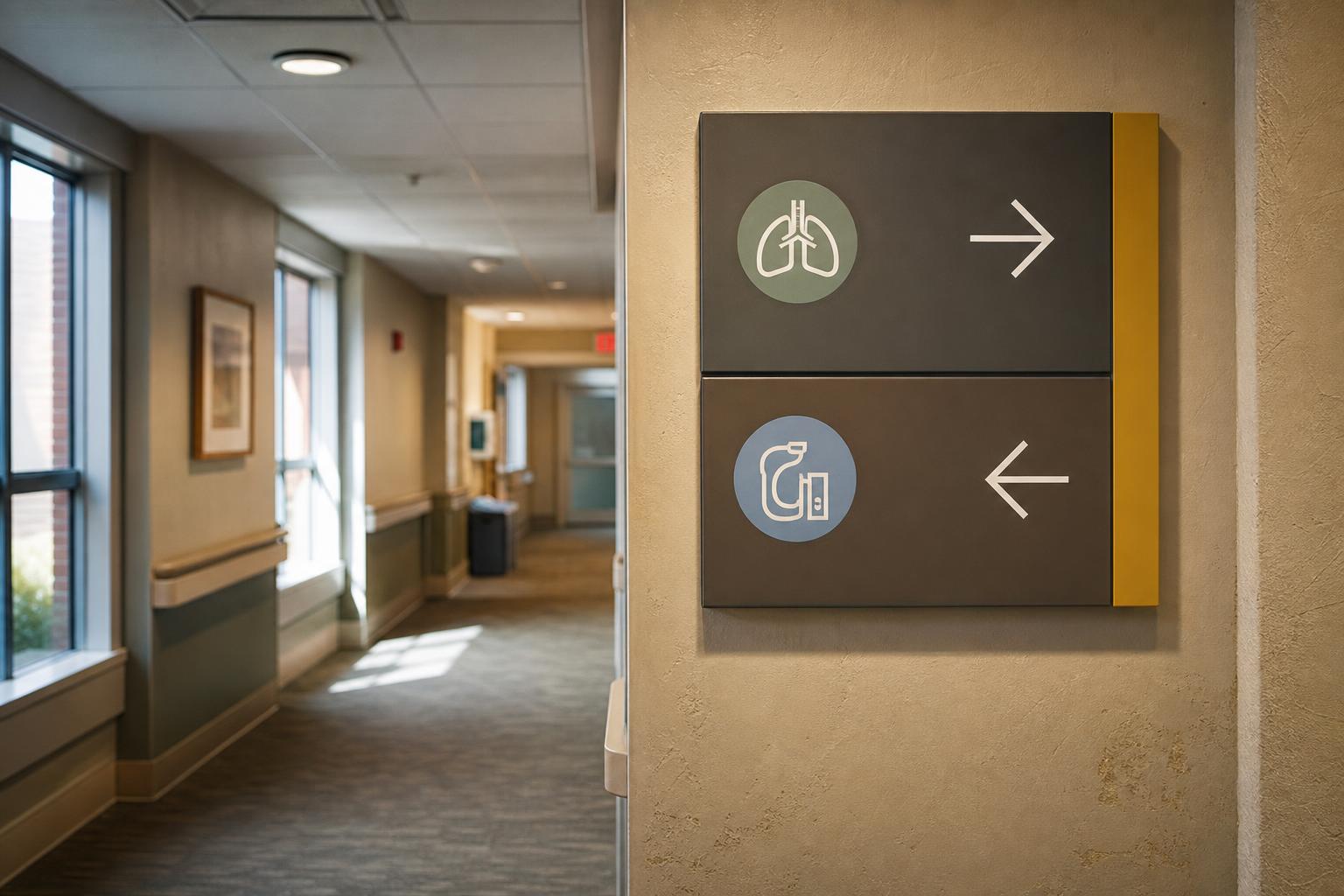 Hospital hallway wall sign shows lung and stomach icons with directional arrows