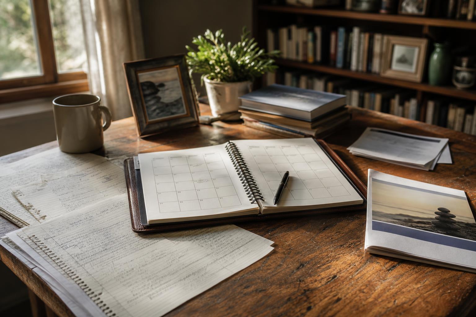 Desk holds papers, an open calendar, pen, mug, books, and potted plant