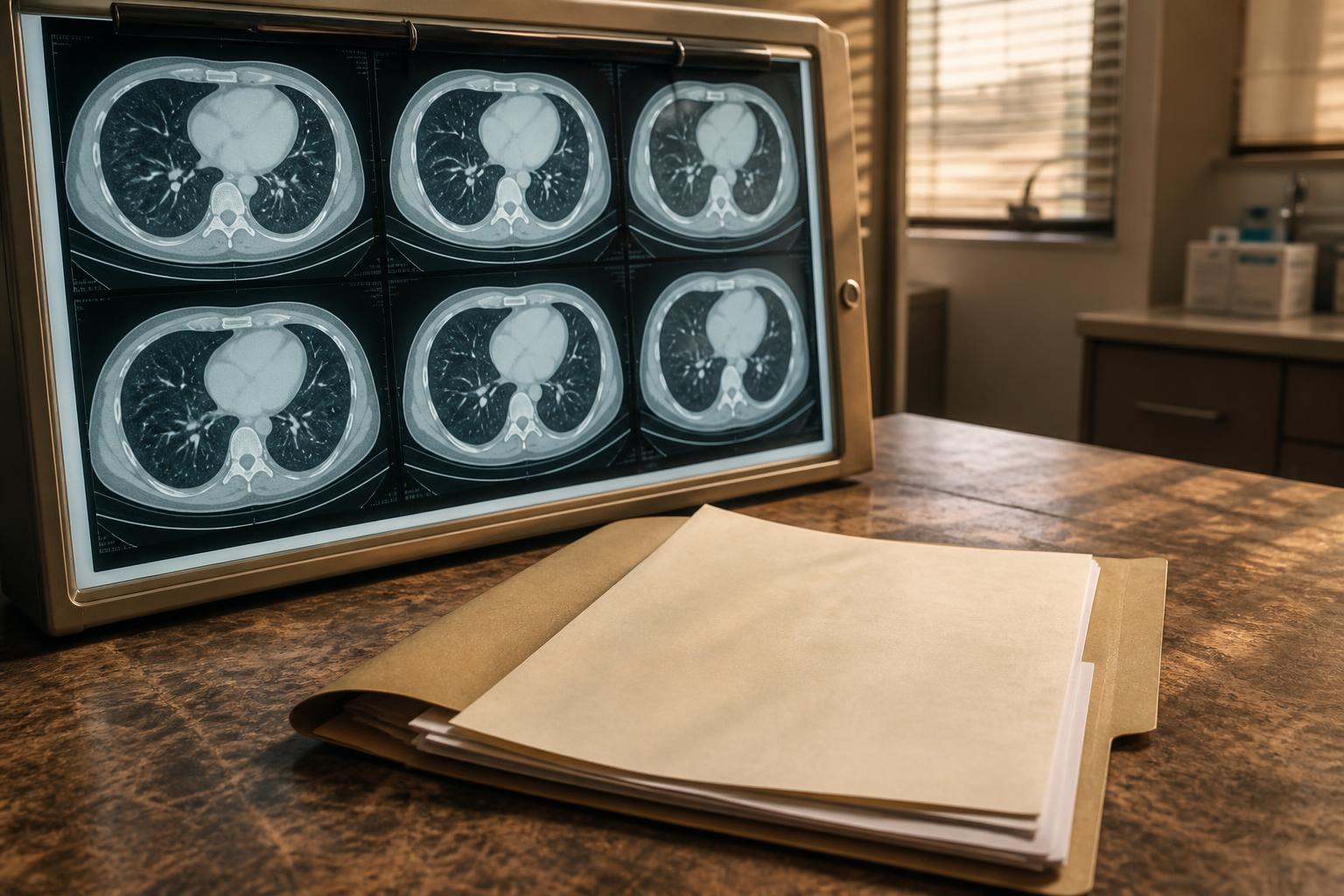Lightbox displaying chest scans stands beside folders on a wooden examination table