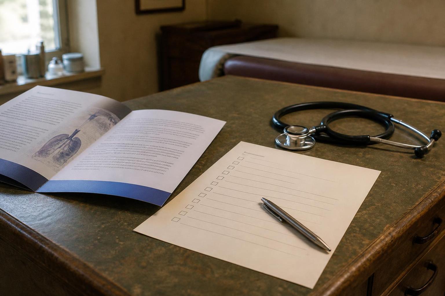 Open booklet, checklist, pen, and stethoscope sit on a medical office desk