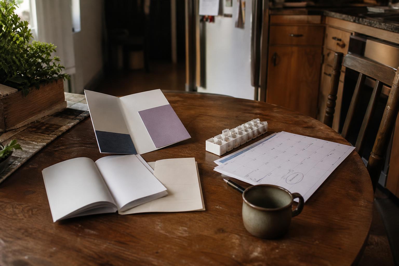Open notebooks, calendar pages, pill organizer, and mug rest on a kitchen table