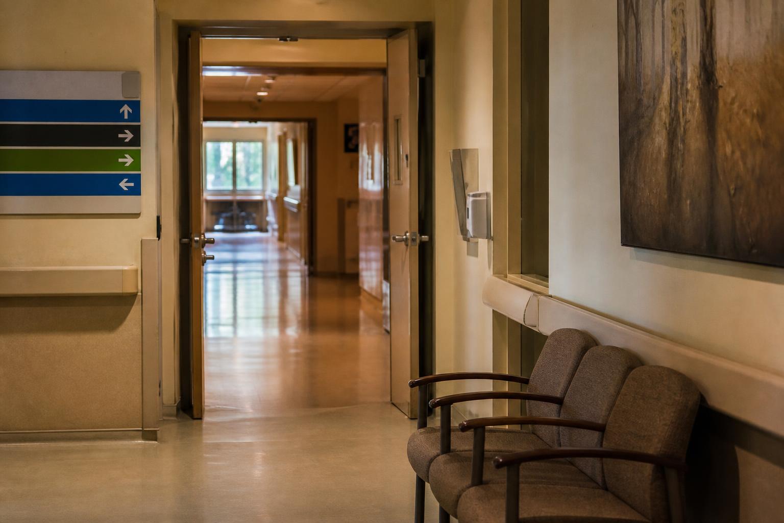 Hospital corridor contains directional signs, open doors, wall art, and waiting chairs
