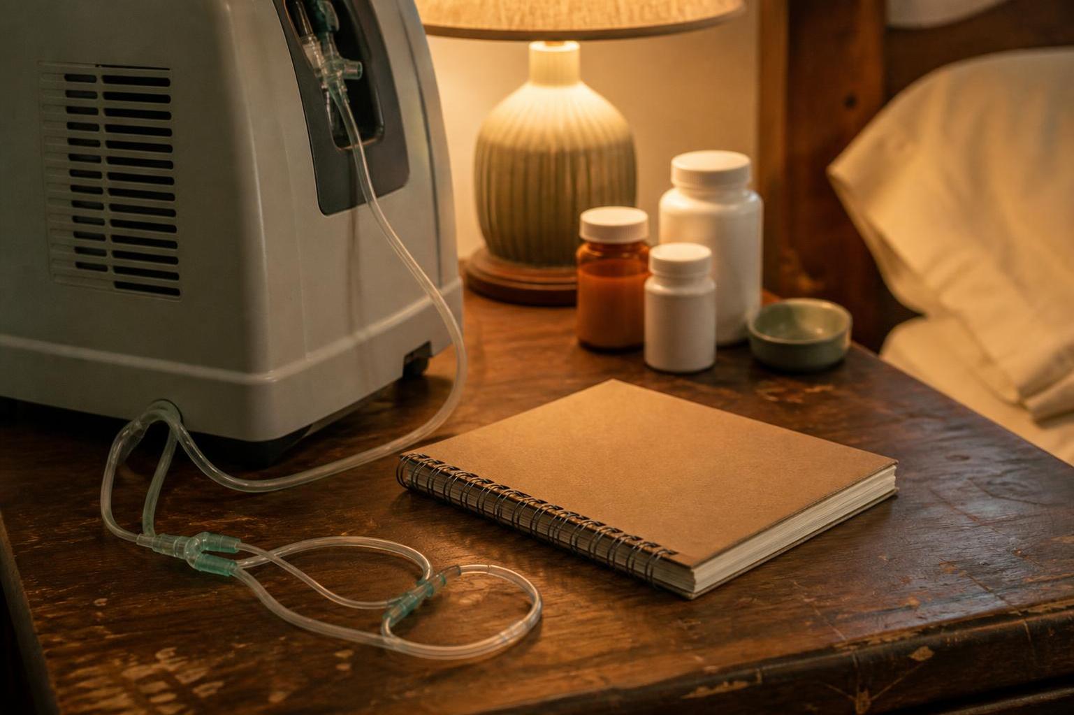 Oxygen machine, tubing, notebook, medicine bottles, and lamp sit beside a bed