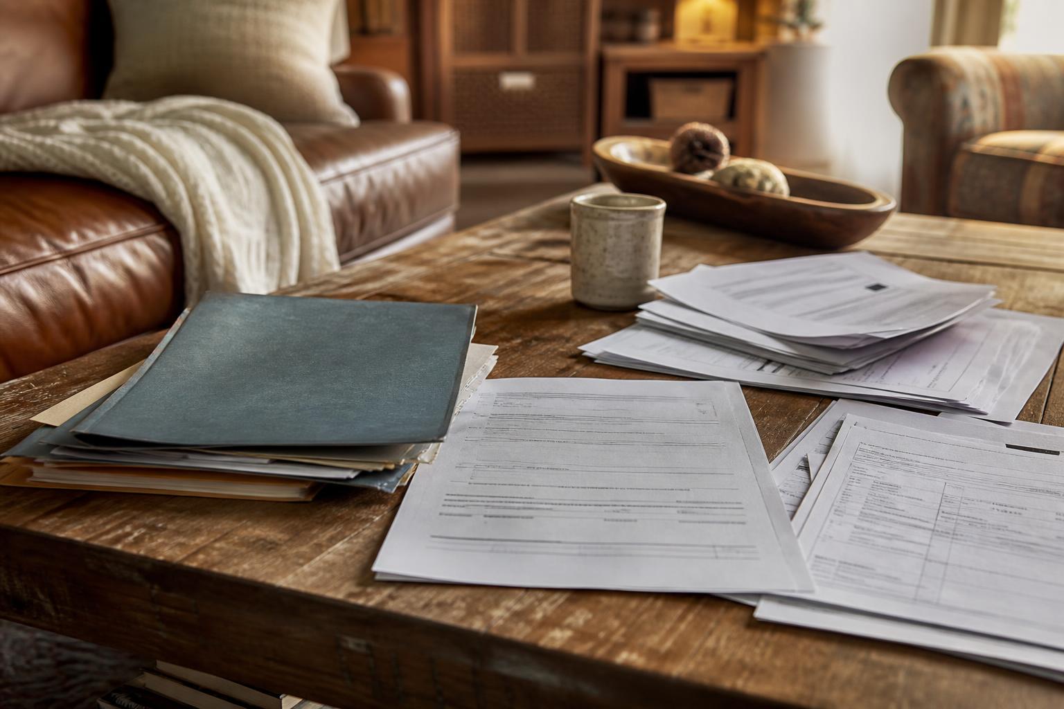 Folders and stacks of paperwork lie on a wooden living room coffee table