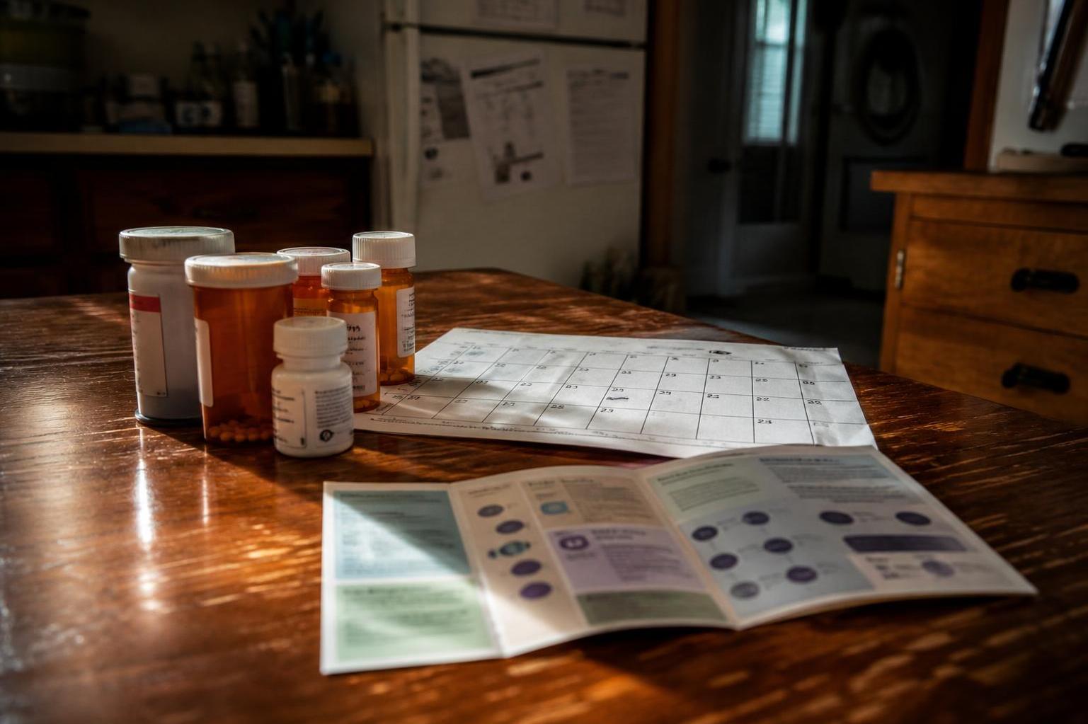 Prescription bottles, a calendar, and papers sit on a wooden kitchen table