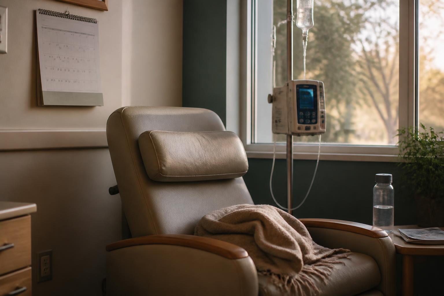 A recliner, IV pump, wall calendar, and water bottle are in a clinic room