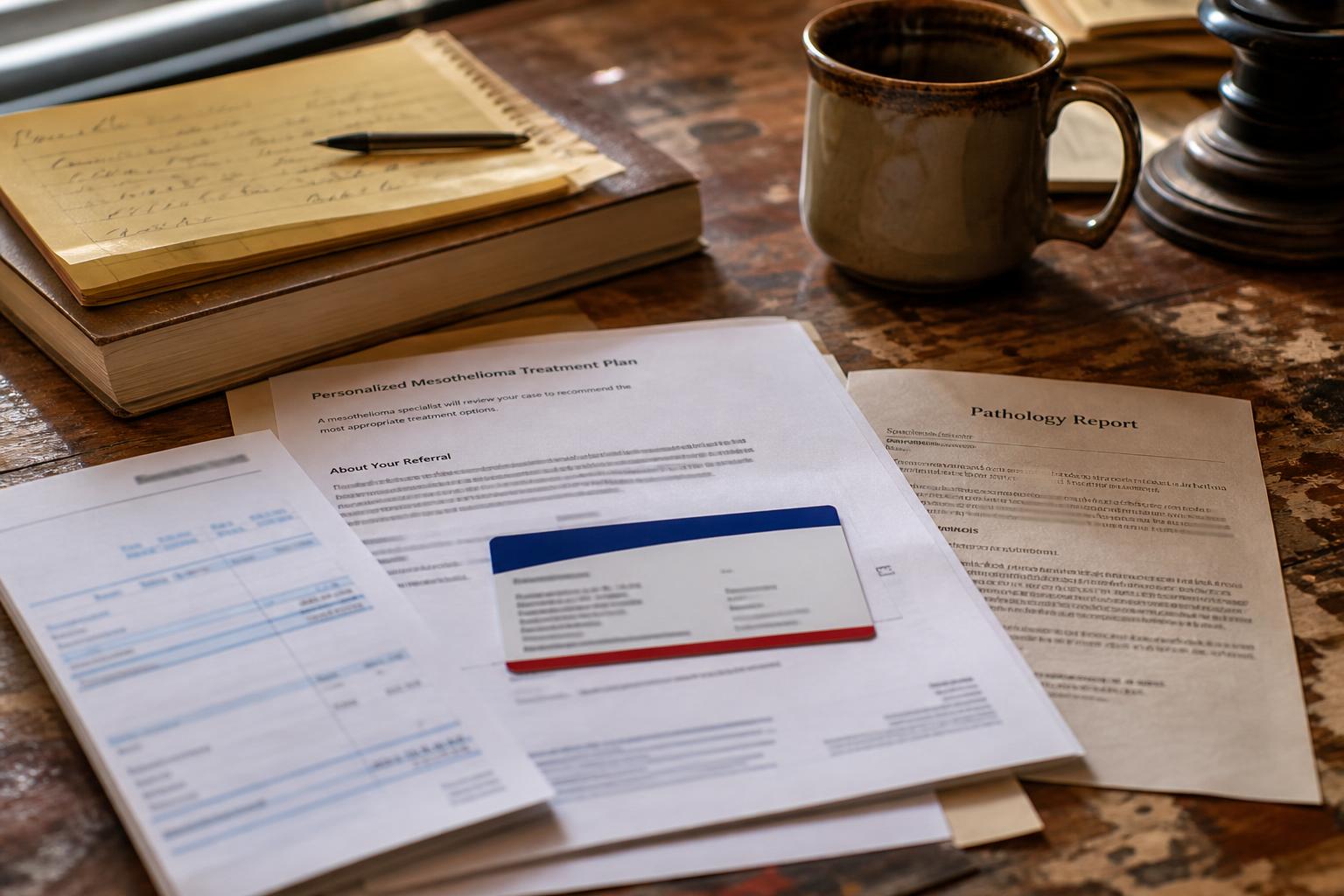 Medical documents, a mug, notebooks, and a pen lie on a wooden desk