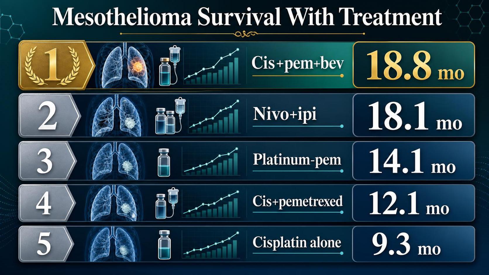 A medical infographic lists five mesothelioma treatments with lung images and survival months