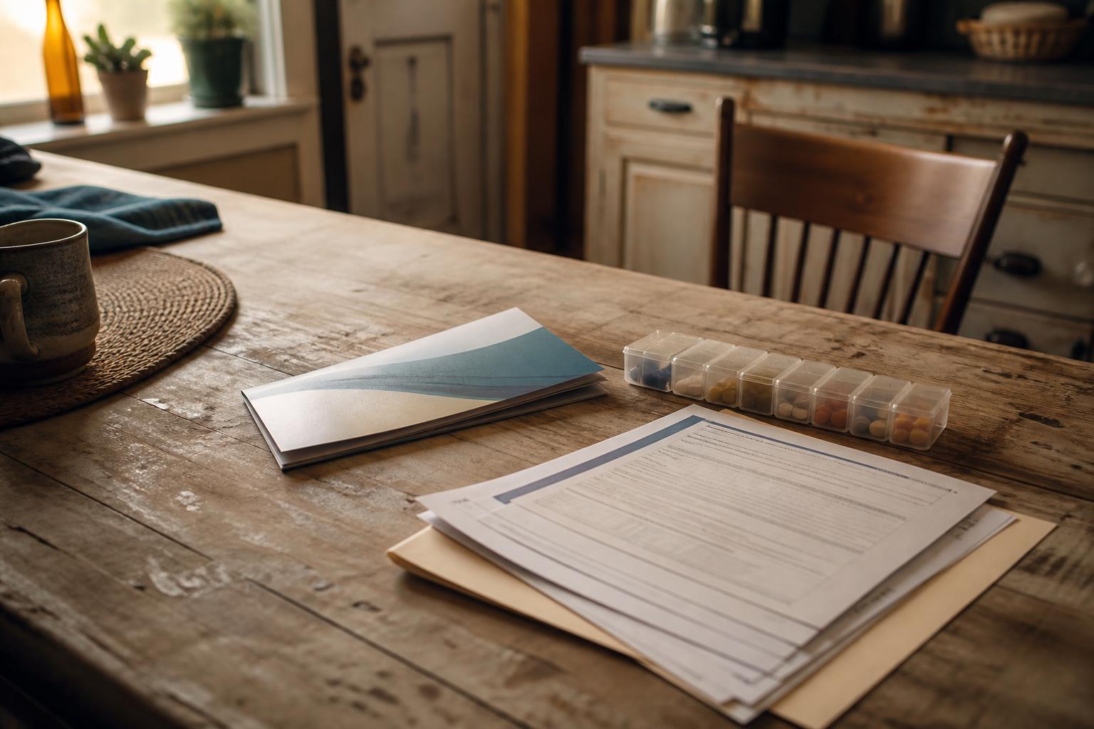 Papers, envelopes, a pill organizer, and a mug sit on a kitchen table