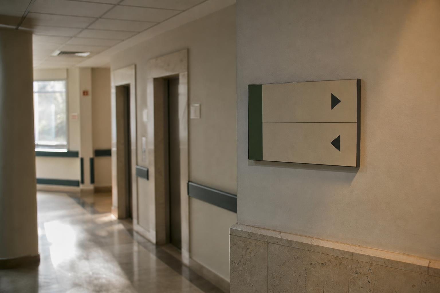 A hospital corridor shows elevator doors and a wall sign with arrow symbols