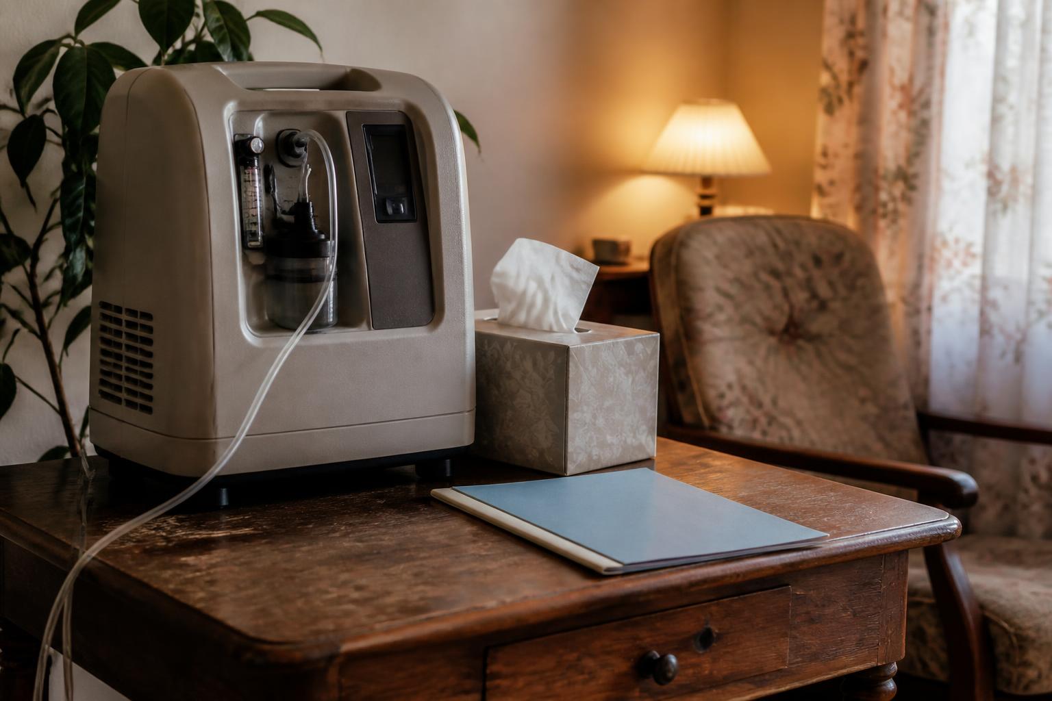 An oxygen concentrator, tissue box, folder, lamp, and chair are in a living room