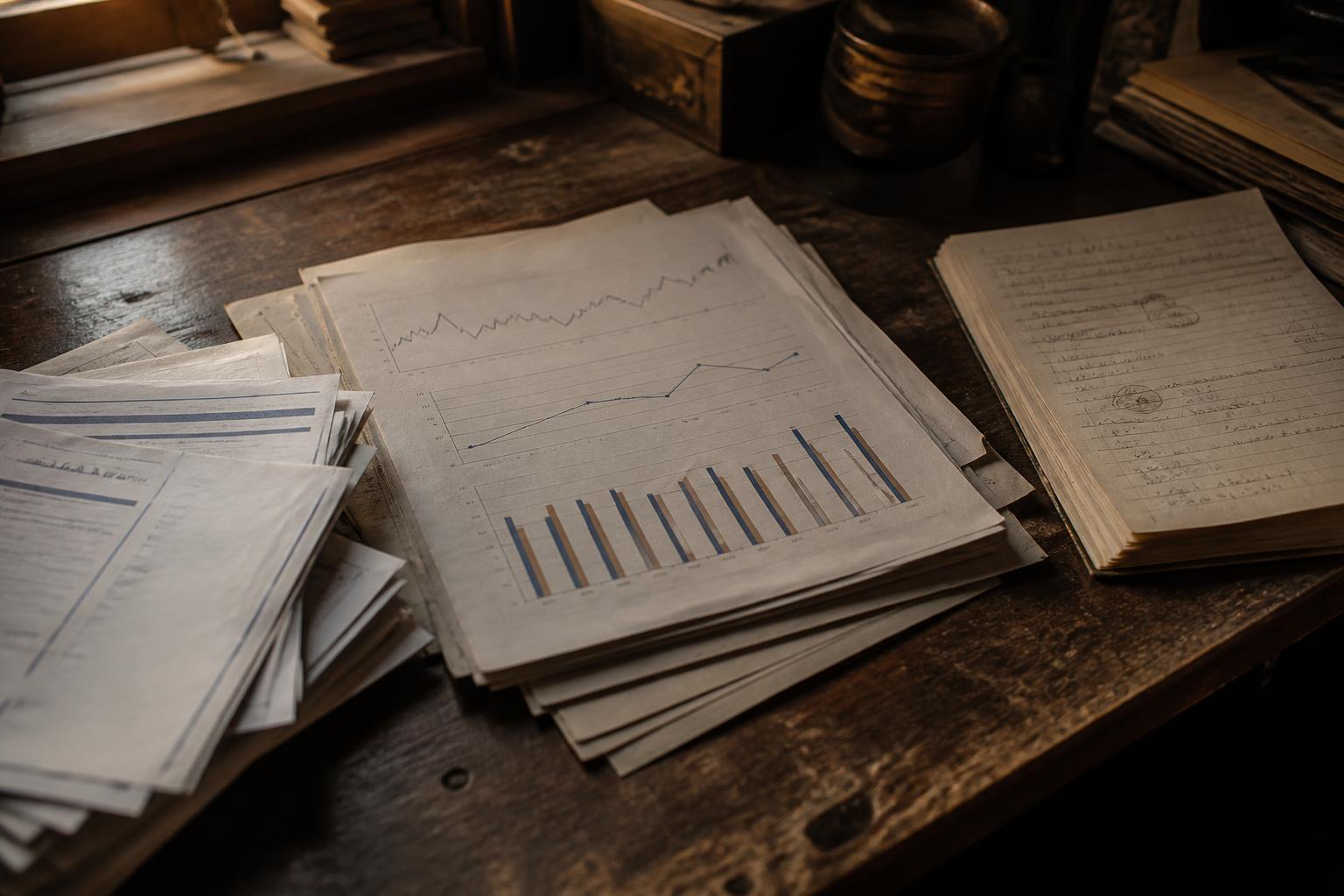Stacks of papers with charts and handwritten notes cover a wooden desk