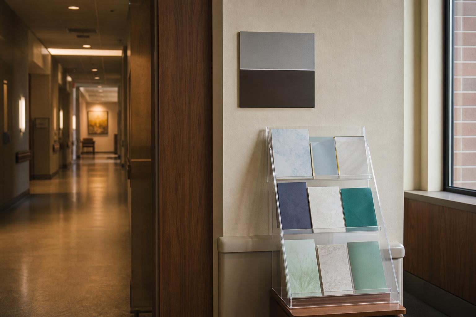 Hospital hallway has a brochure rack, wall sign, window, and wood paneling