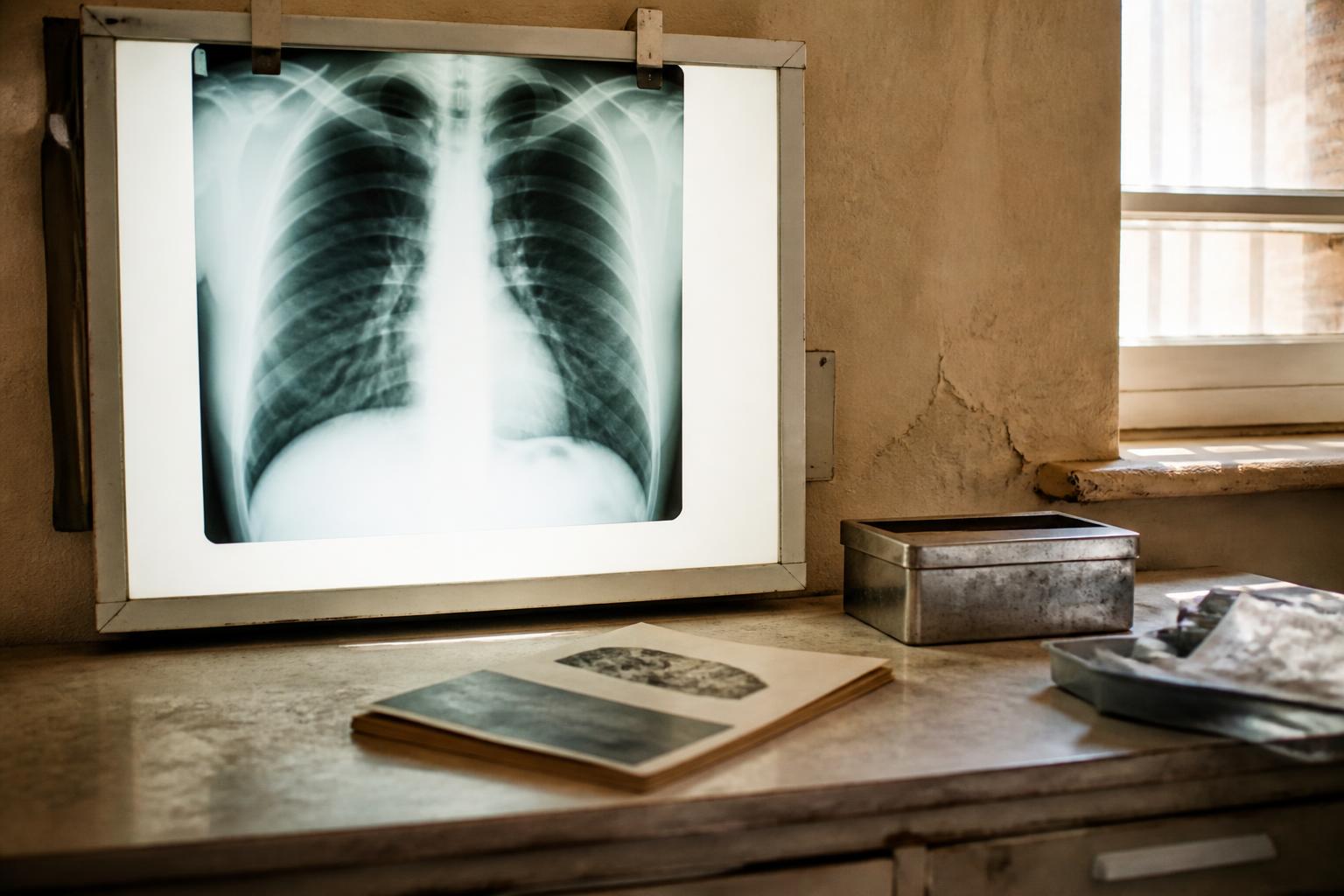 A chest X-ray is displayed on a lightbox beside papers and metal containers