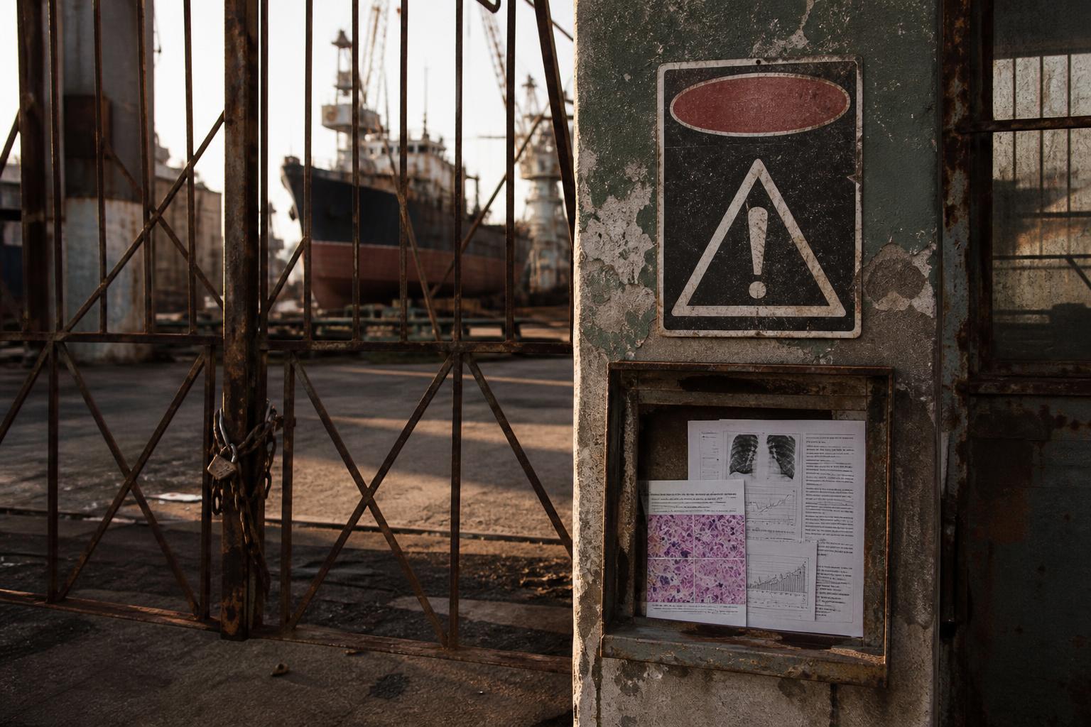 Shipyard gate shows a warning sign, posted documents, and ships behind bars
