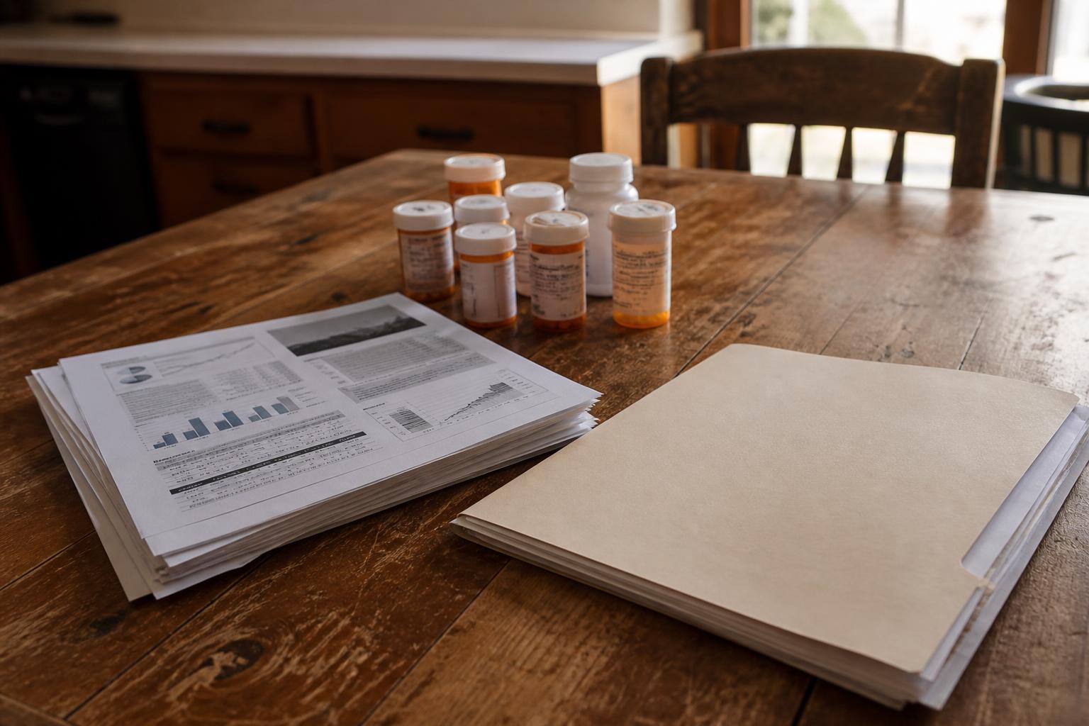Wooden table holds medication bottles, printed reports, and a folder in a kitchen