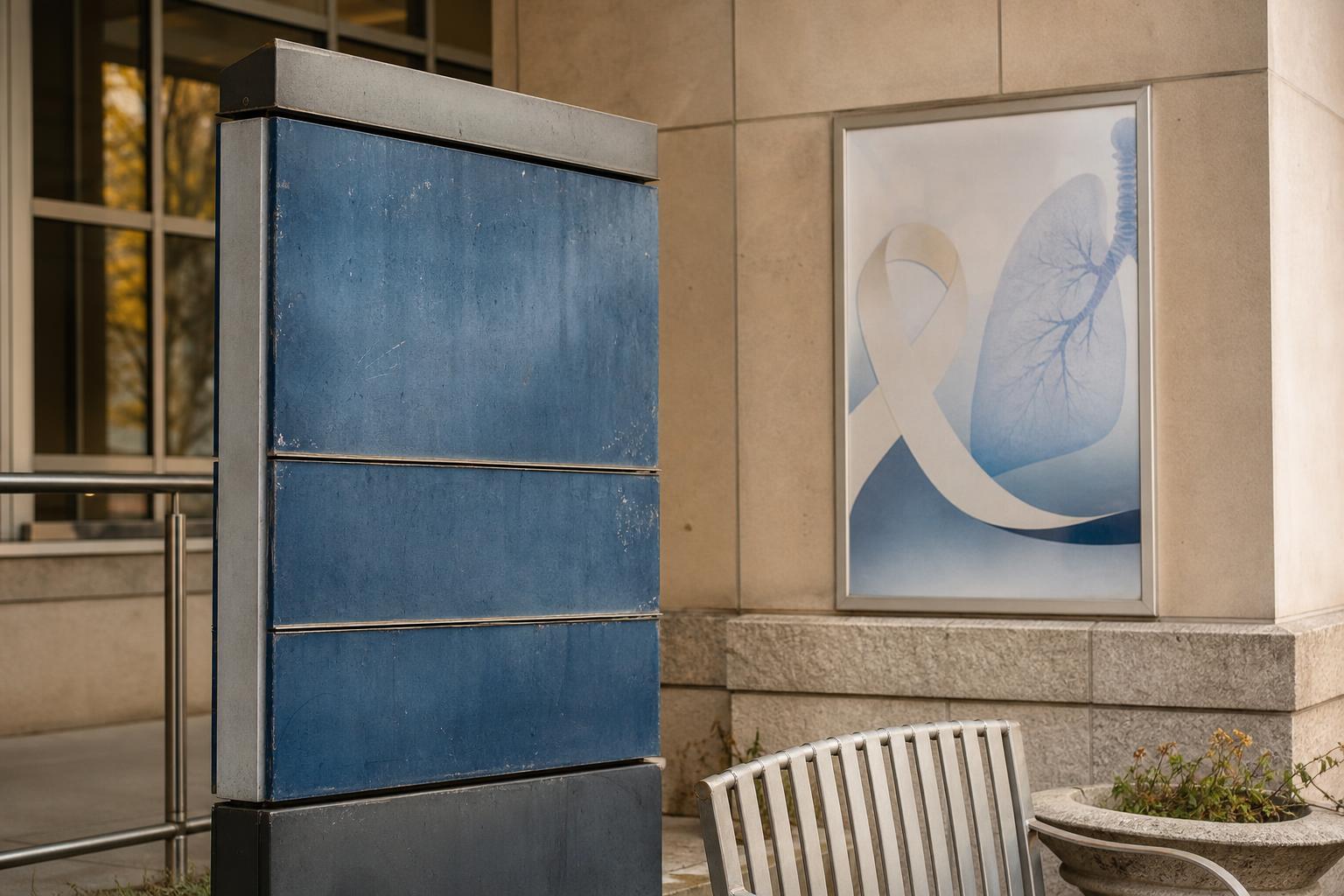 Outdoor building area contains a blue signboard, bench, planter, and lung poster