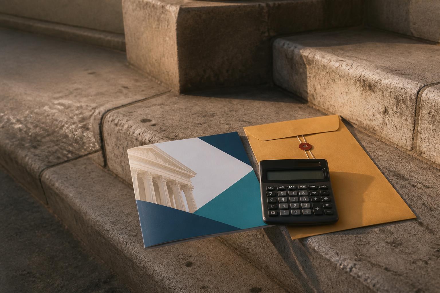 A calculator, envelope, and folder rest on worn stone steps