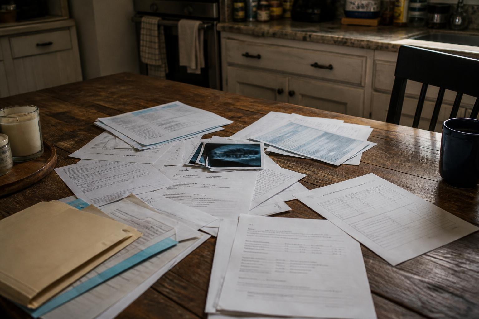 Scattered paperwork and x-ray images cover a wooden kitchen table