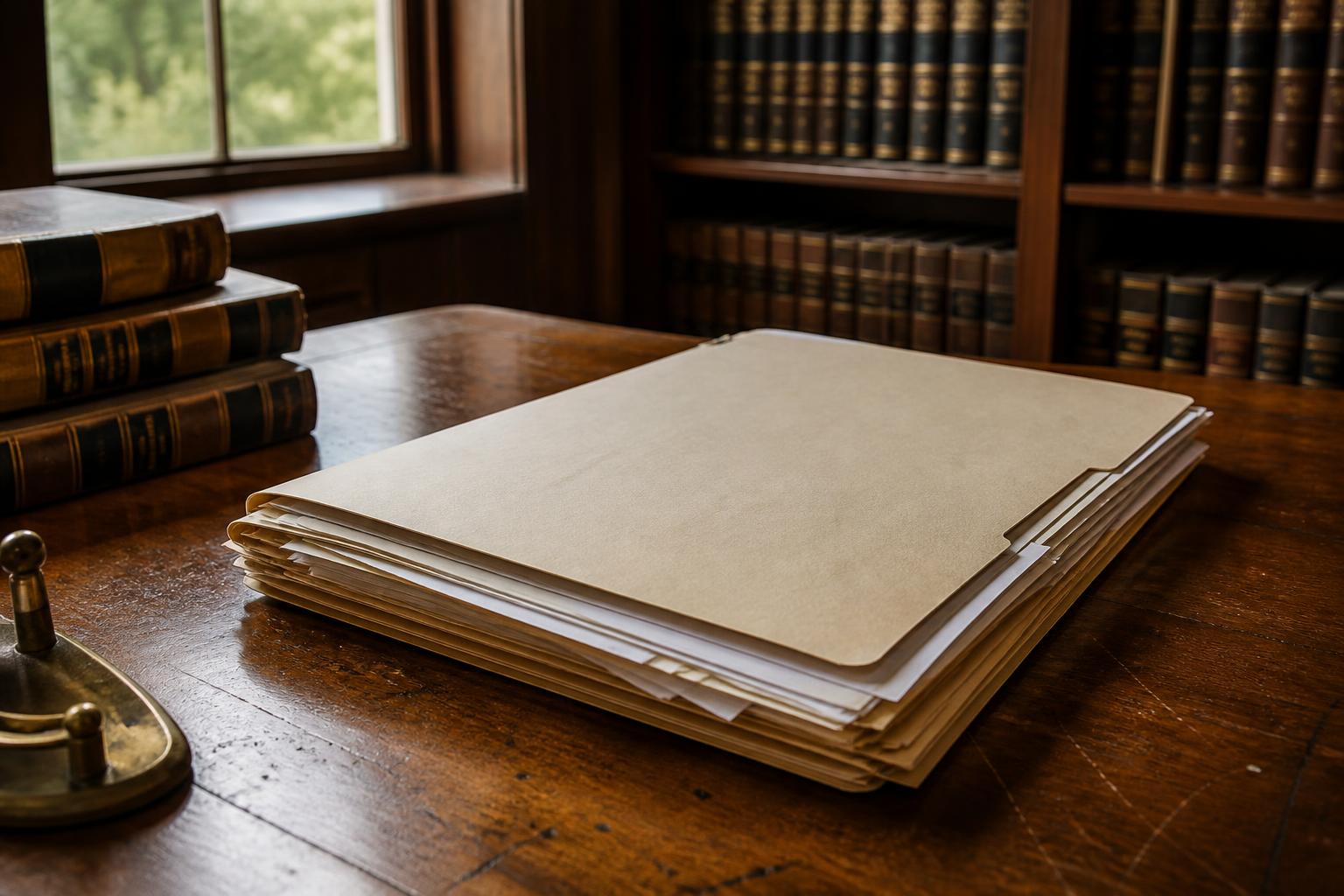 A thick file folder sits on a wooden table in a library