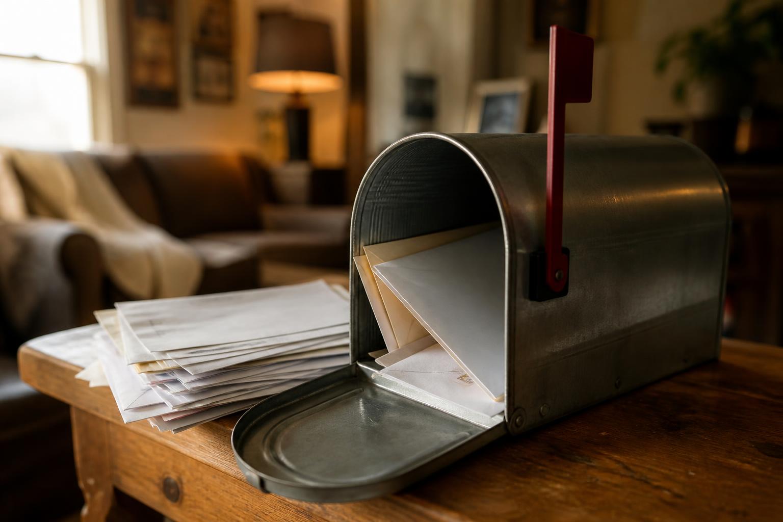 An open metal mailbox holds envelopes beside stacked papers on a wooden table
