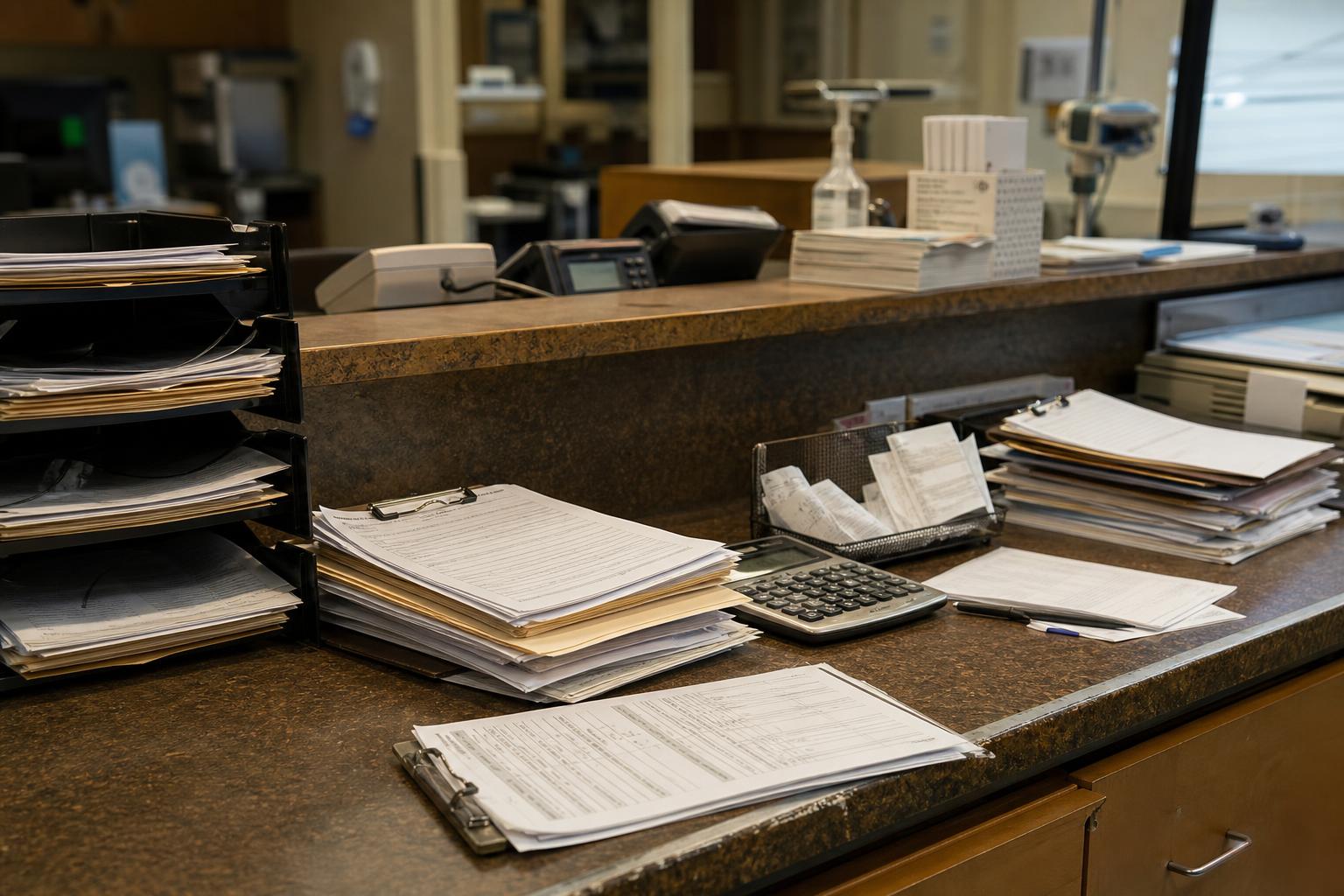 Stacks of forms, calculators, pens, and clipboards cover an office counter