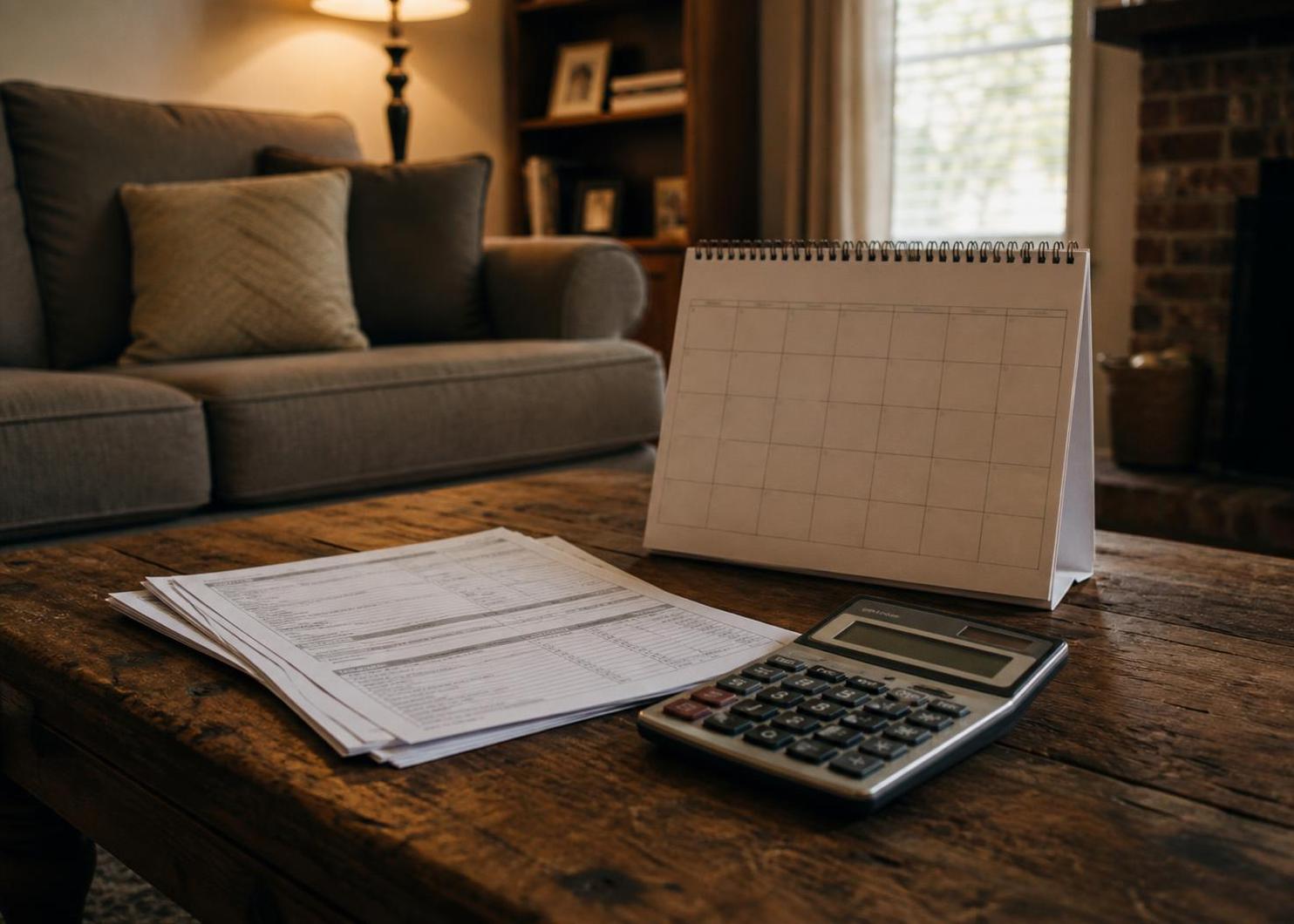 A calculator, papers, and calendar sit on a living room coffee table